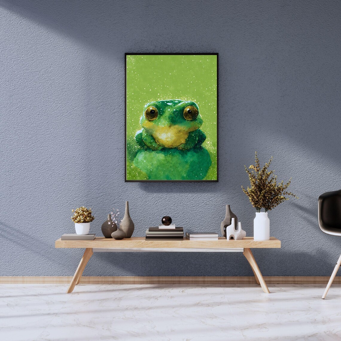 Bright Green Baby Frog Watercolor Portrait Golden Eyes Nursery Art Print - Image 2