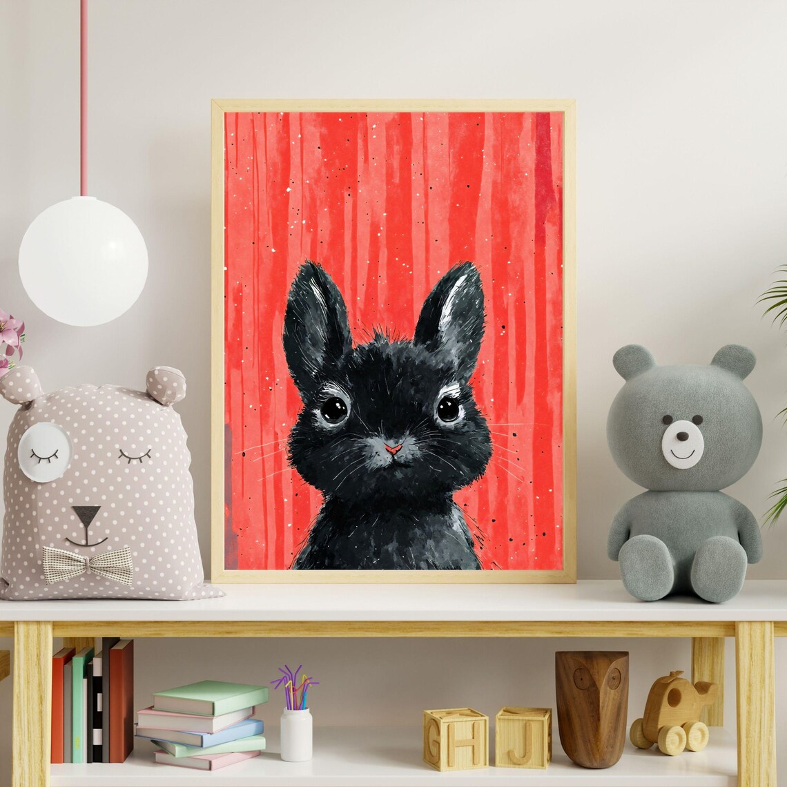 Cute Black Bunny Watercolor Portrait Baby Rabbit Coral Red Art Print - Image 2