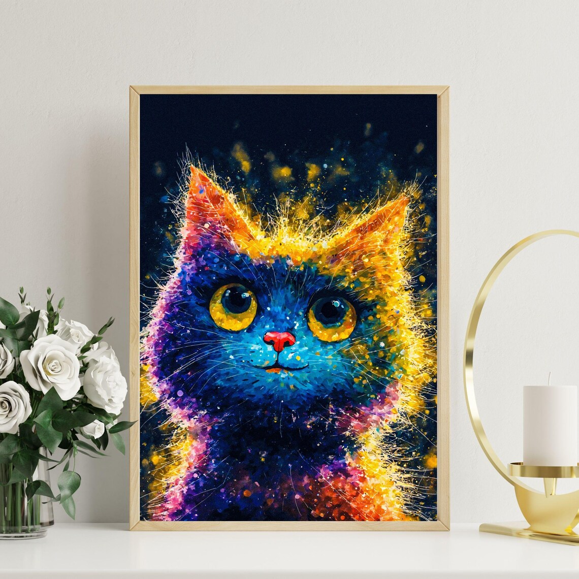 Vibrant Colorful Kitten Portrait in Neon Paint Splatter Style Poster - Image 2