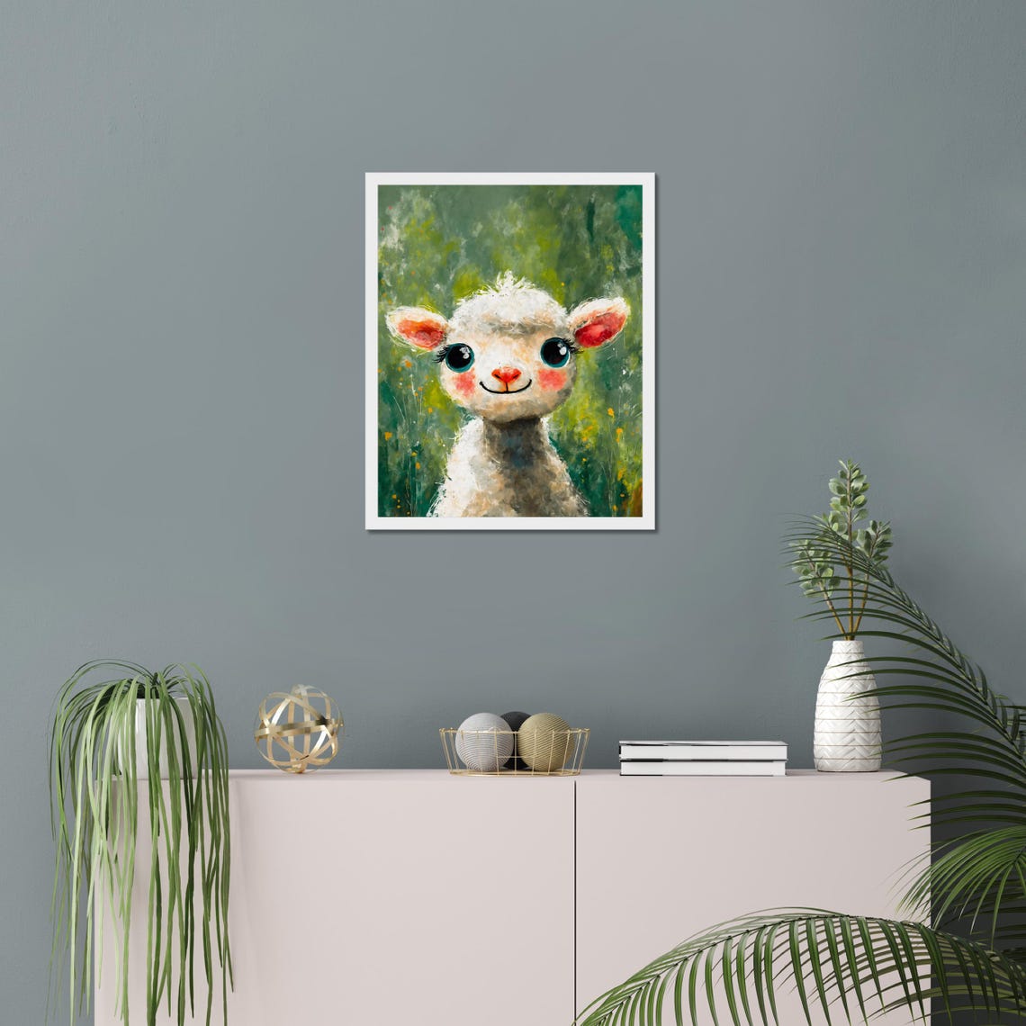 Adorable White Lamb Big Eyes Portrait Green Meadow Nursery Poster - Image 3