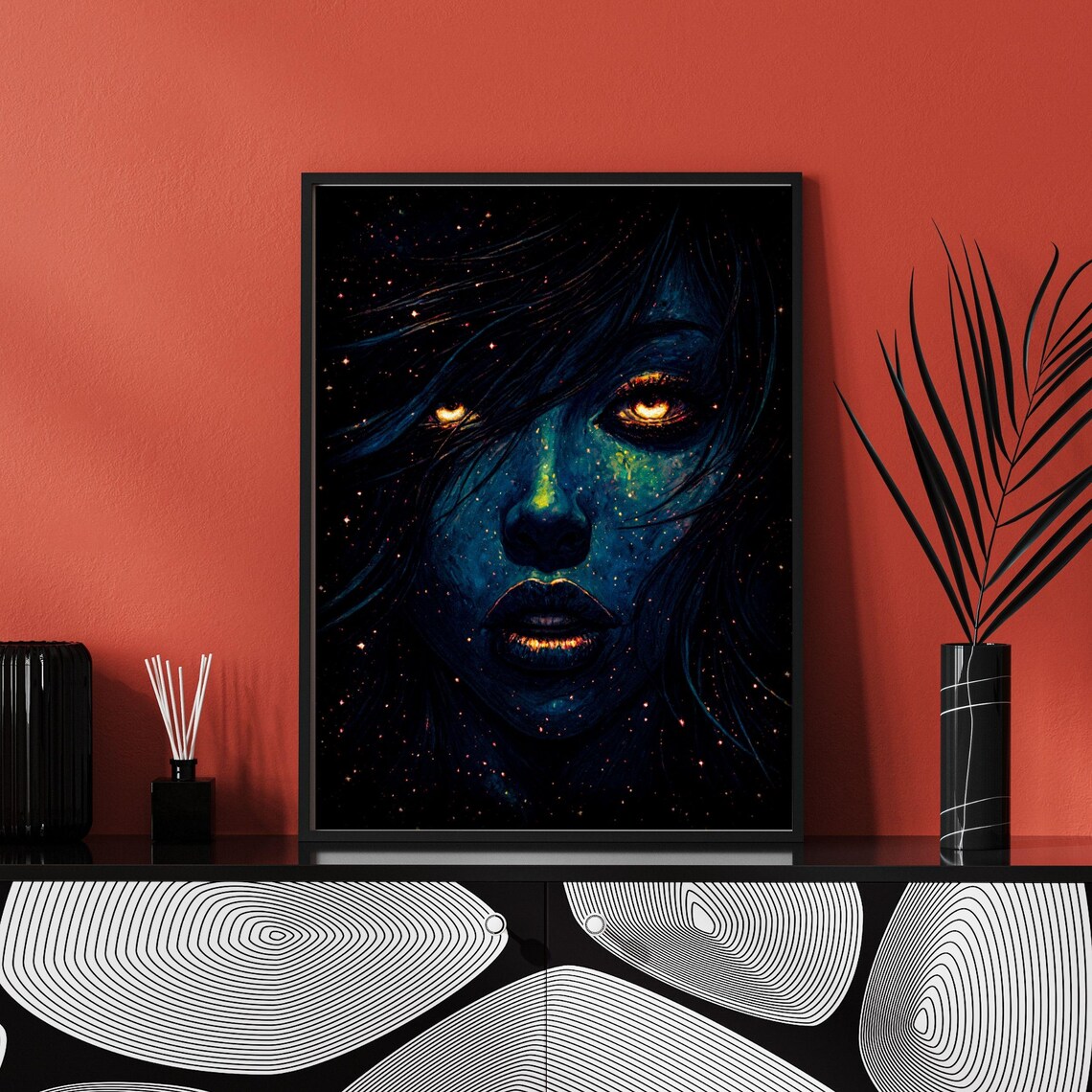 Celestial Blue Galaxy Woman Portrait With Glowing Amber Eyes Cosmic Art - Image 3