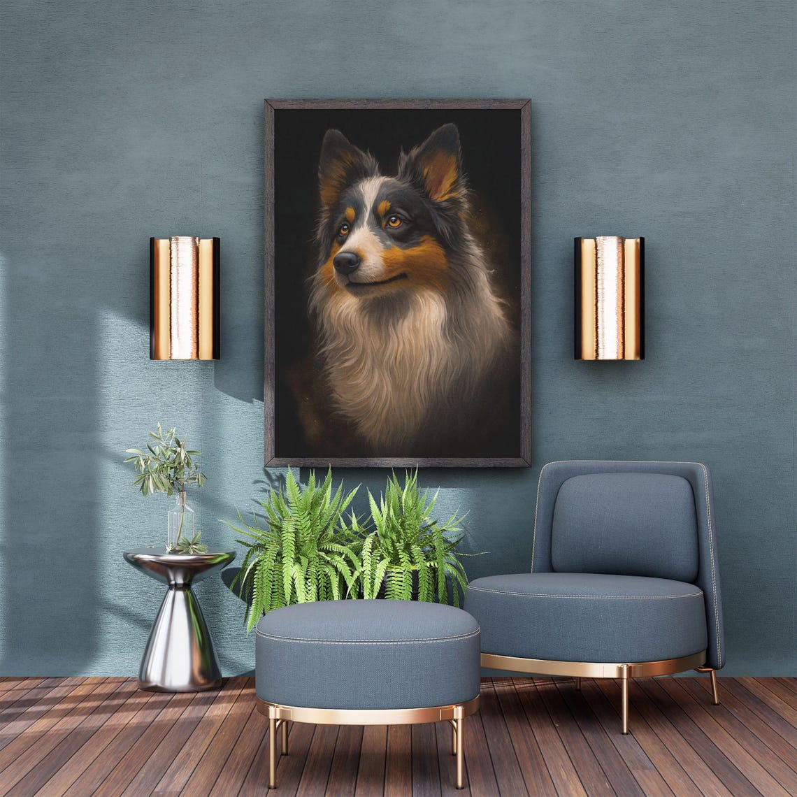 Tri Color Australian Shepherd Portrait Black Background Wall Art - Image 3