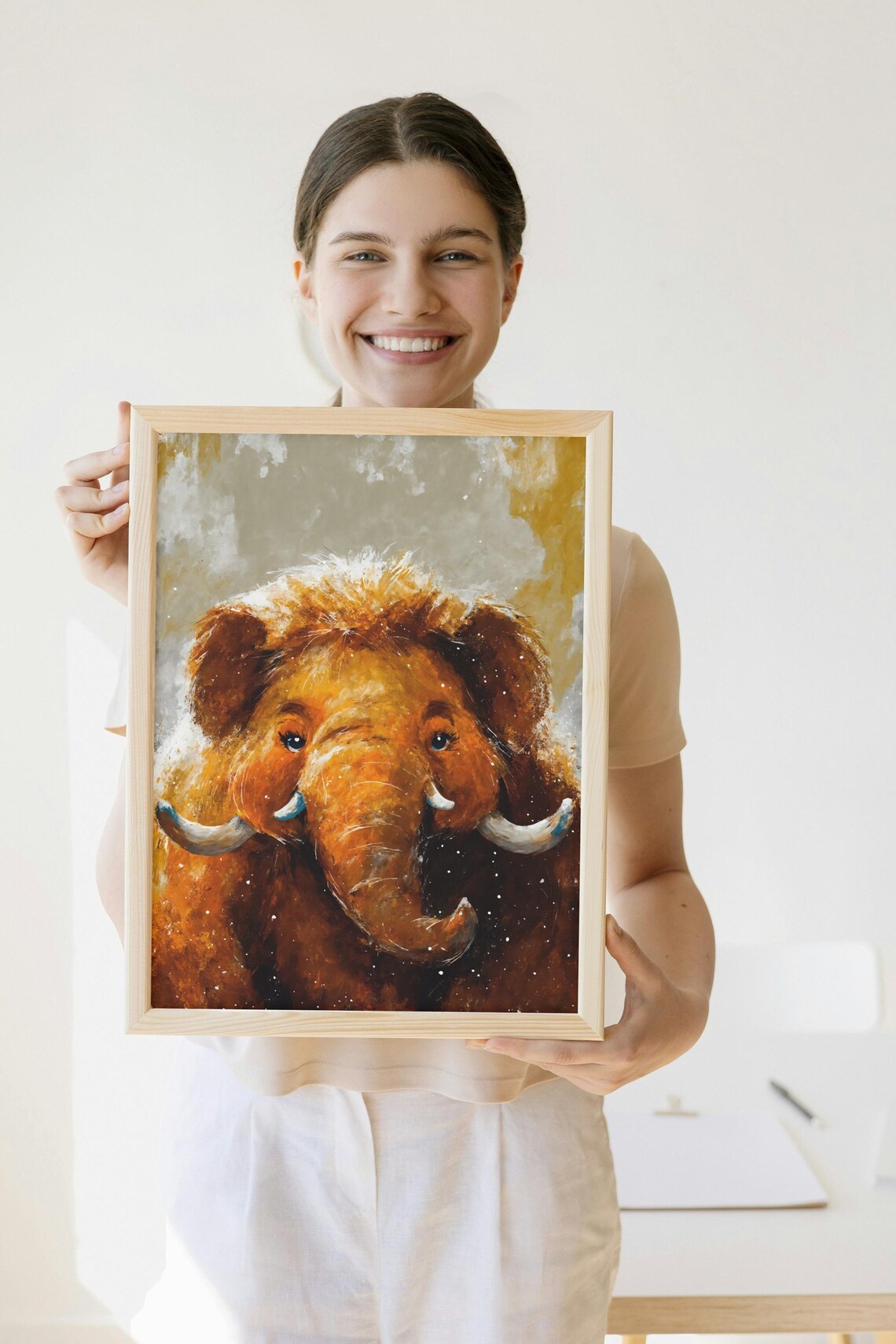 Cute Baby Woolly Mammoth Portrait Warm Tones Prehistoric Art Poster - Image 2