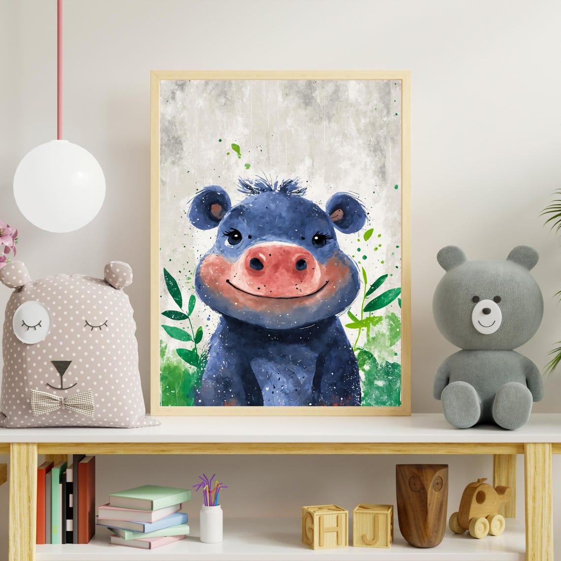 Violet Baby Hippo Art Print Cute Hippopotamus Portrait Jungle Animal Art Kids Room Decor Nursery Wall Art Animal Lover Gift 8x10 24x36