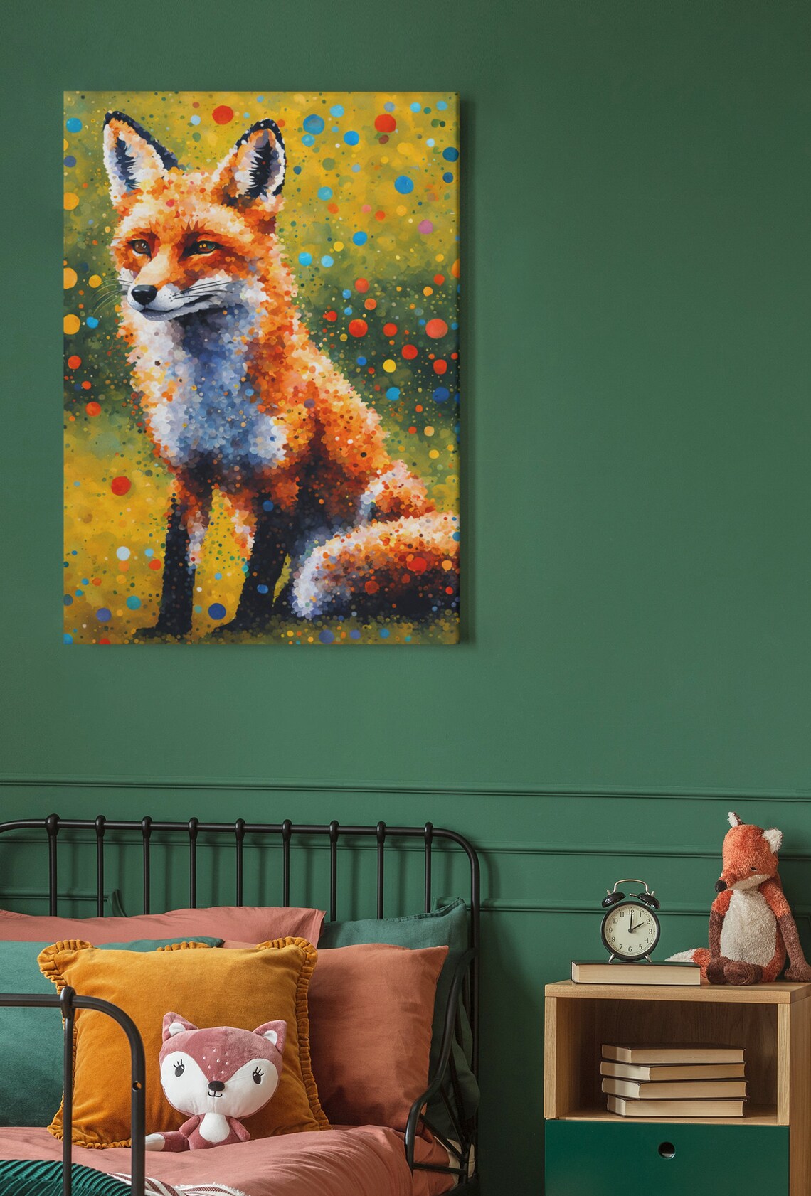 Sitting Red Fox Pointillism Dots Olive Meadow Curious Wildlife Art Poster - Image 4