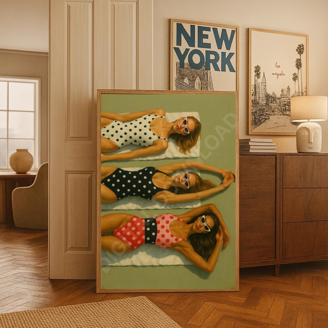 Vintage Polka Dot Bikini Girls Beach Sunbathing Retro Poster