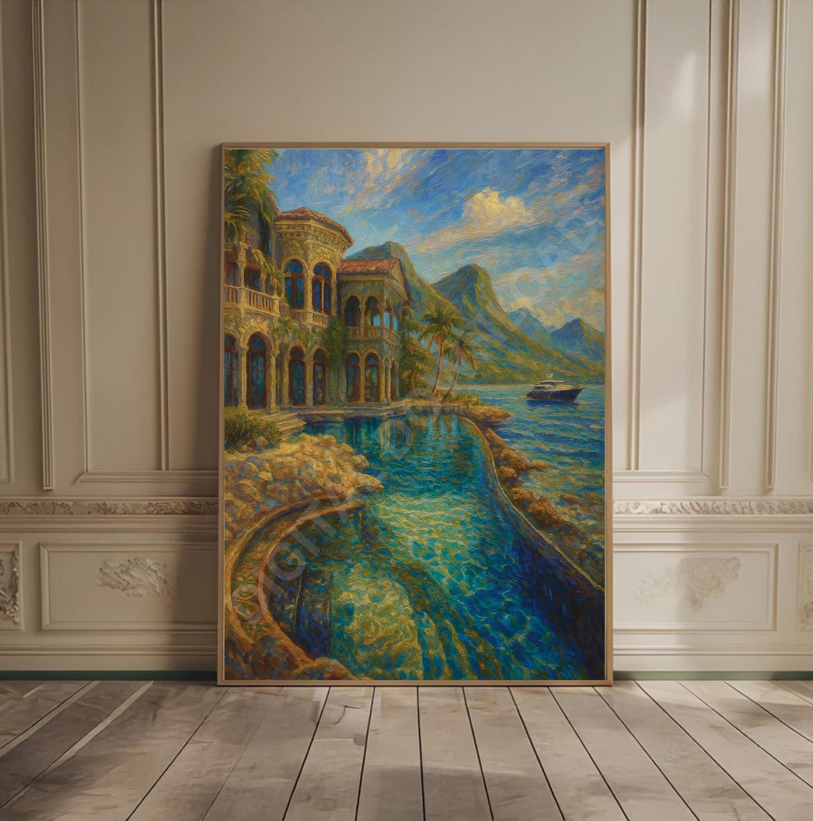 Mediterranean Seaside Villa Yacht Pool Impressionist Art Poster