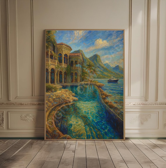 Mediterranean Seaside Villa Yacht Pool Impressionist Art Poster