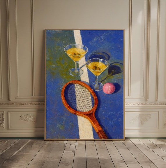 Vintage Wooden Tennis Racquet with Martinis Country Club Sports Poster