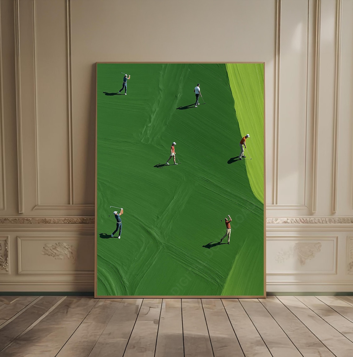 Aerial Golfers on Green Fairway Impasto Oil Painting Sports Poster