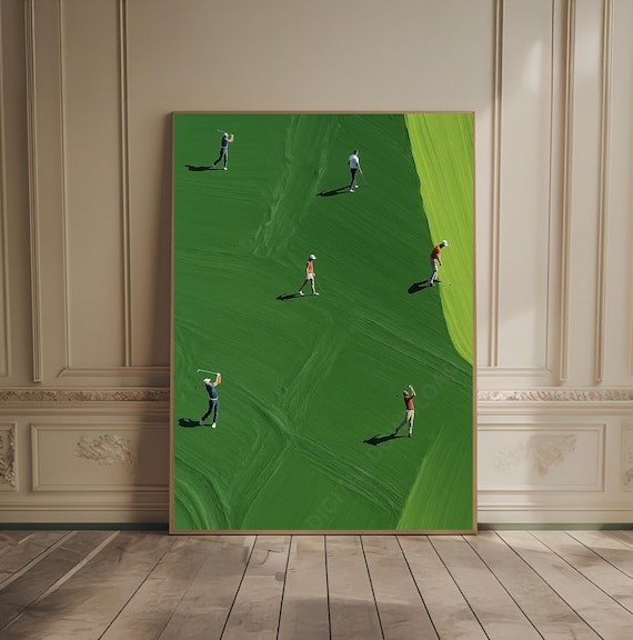 Aerial Golfers on Green Fairway Impasto Oil Painting Sports Poster