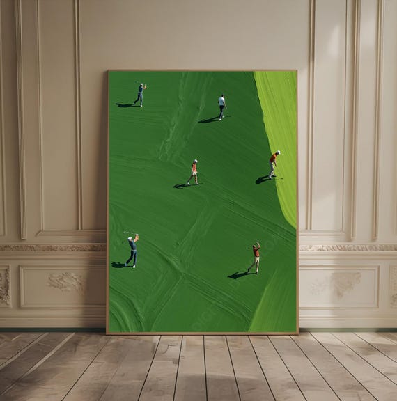 Golf Print Retro Decor For Man Cave Oil Painting Poster Course Art Tiny People Sporty Texture Wall Gift