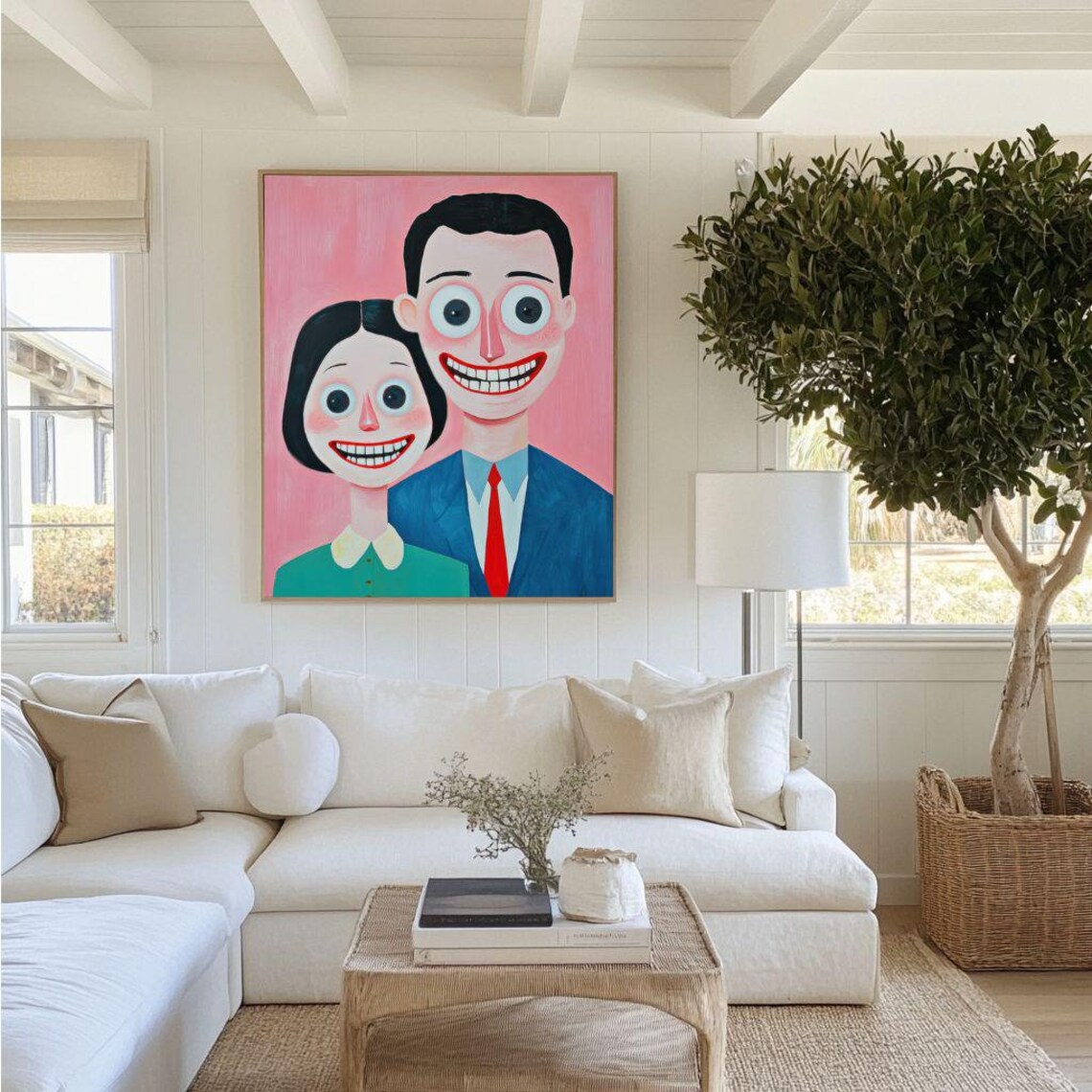 Creepy Smiling Couple Quirky Big Eyes Retro Pop Art Wall Poster