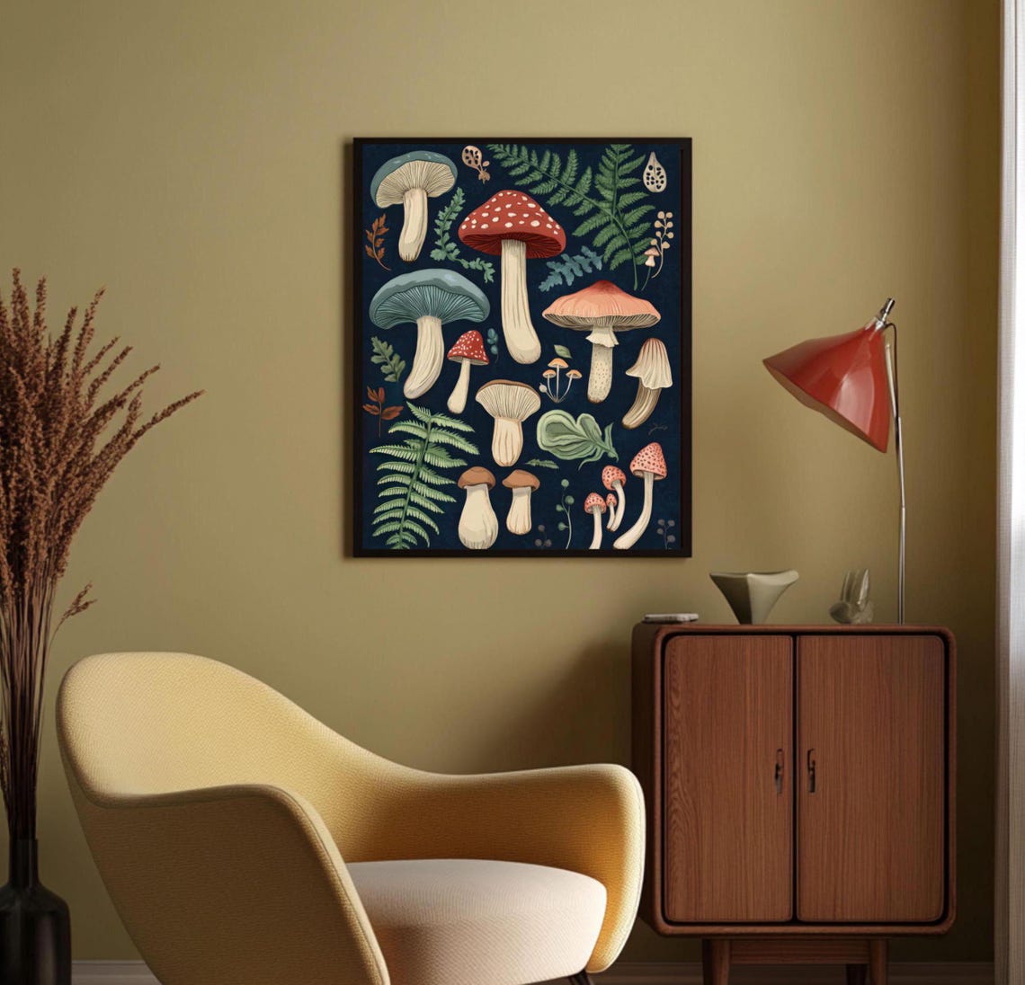 Vintage Botanical Mushroom Identification Chart on Dark Navy Poster
