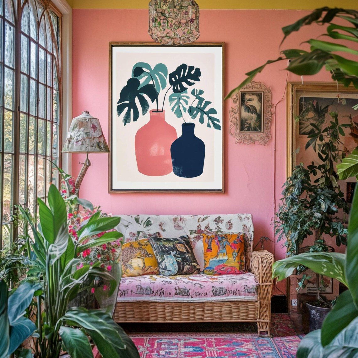 Monstera Leaves In Pink Navy Vases Minimal Botanical Wall Art