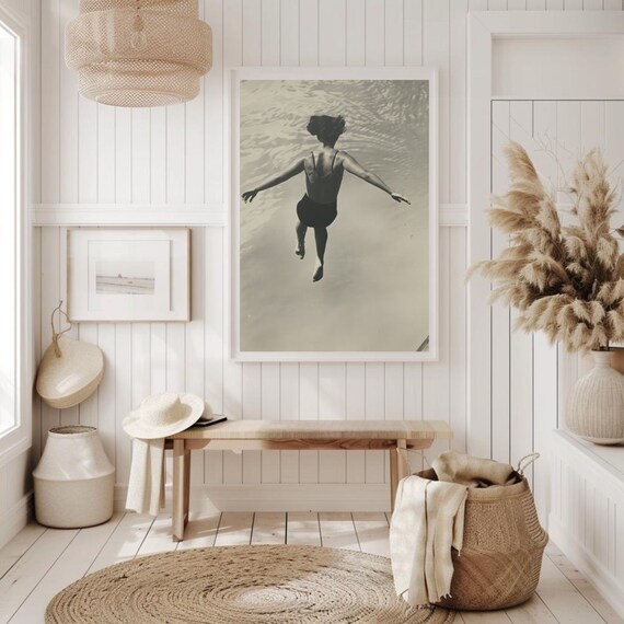 Woman Diving Into Water Vintage Black And White Photo Art Poster