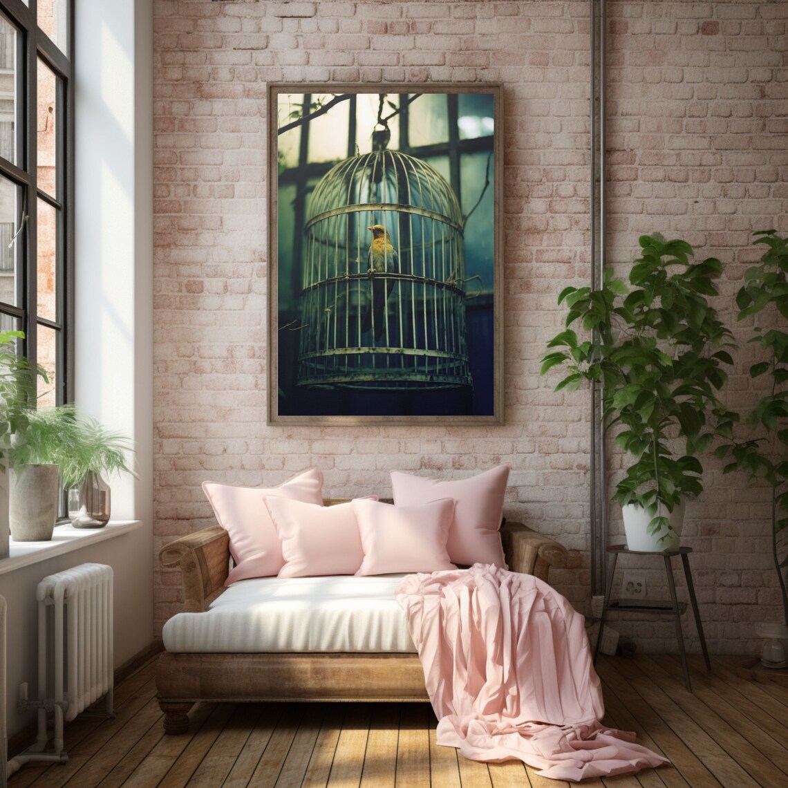 Small Yellow Canary in an Ornate Vintage Birdcage Moody Photo Poster