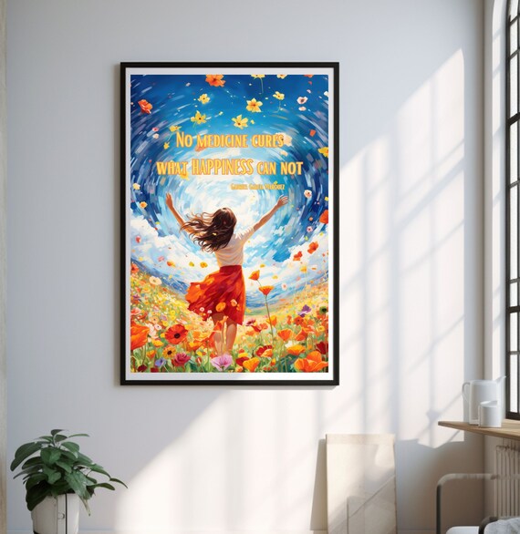 Happiness Quote Flower Field Woman Joyful Motivational Art Poster