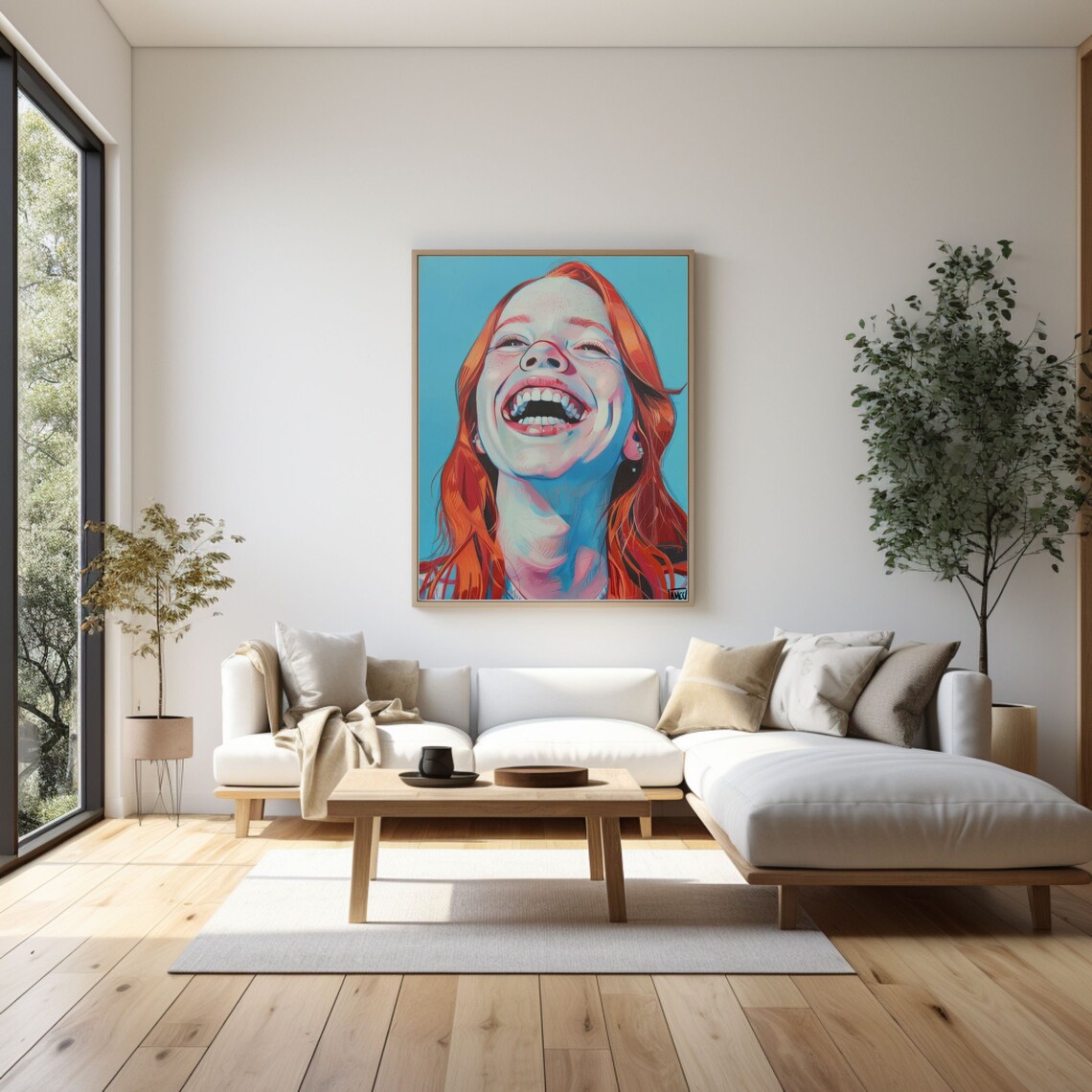 Laughing Redhead Woman Pop Art Portrait on Teal Background Poster