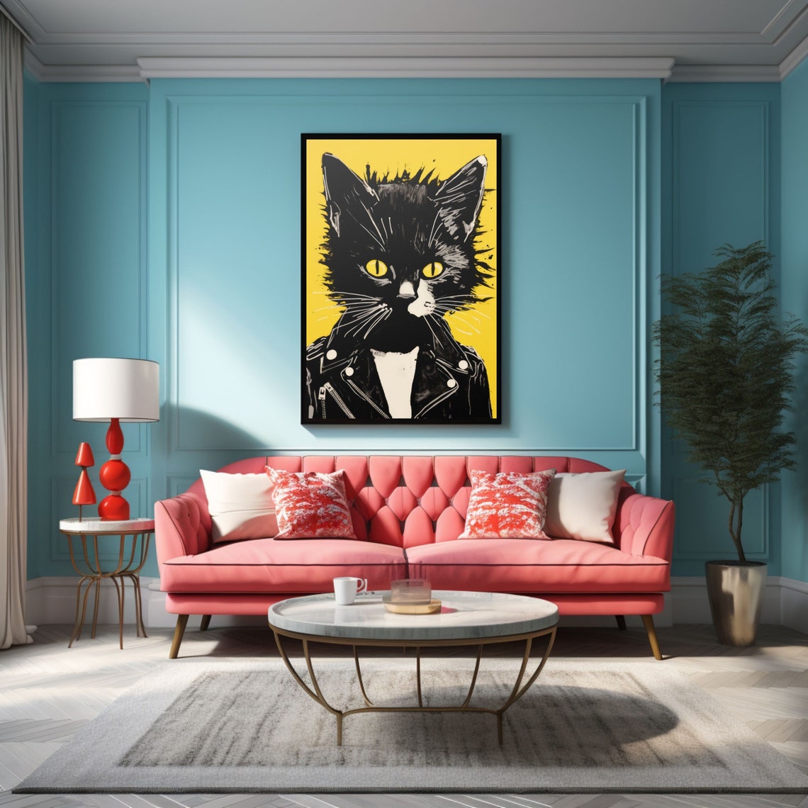 Punk Black Cat In Leather Jacket Bright Yellow Fun Wall Artwork