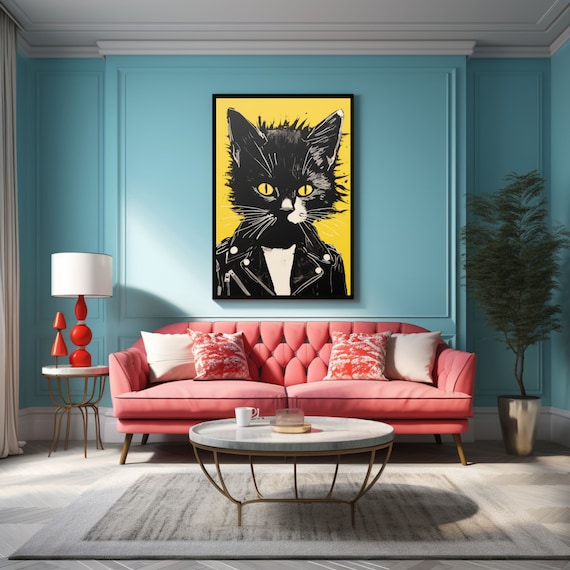 Punk Black Cat In Leather Jacket Bright Yellow Fun Wall Artwork