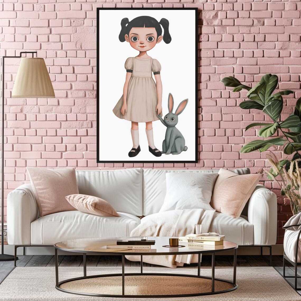 Sweet Little Girl With Pigtails Holding Her Gray Bunny Friend Poster