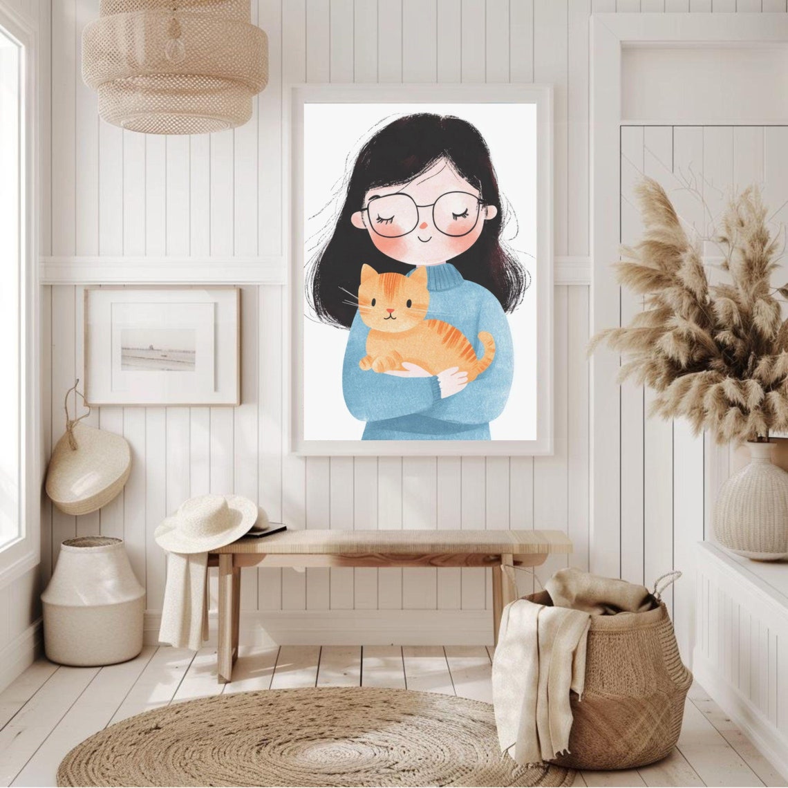 Girl With Glasses Hugging Orange Tabby Kitten Cute Art Print