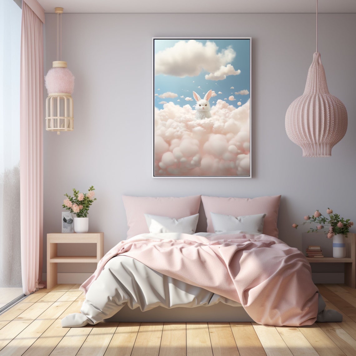 Cloud Bunny Poster Art Cute Kawaii Bunny Art Print