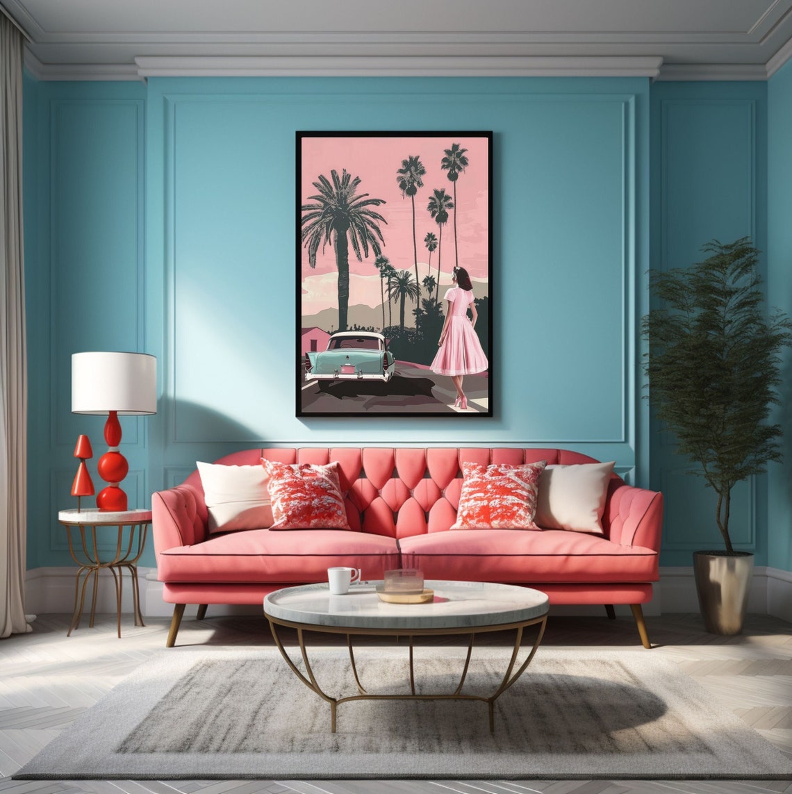 Retro Los Angeles Pink Sky Palm Trees Classic Car Art Poster