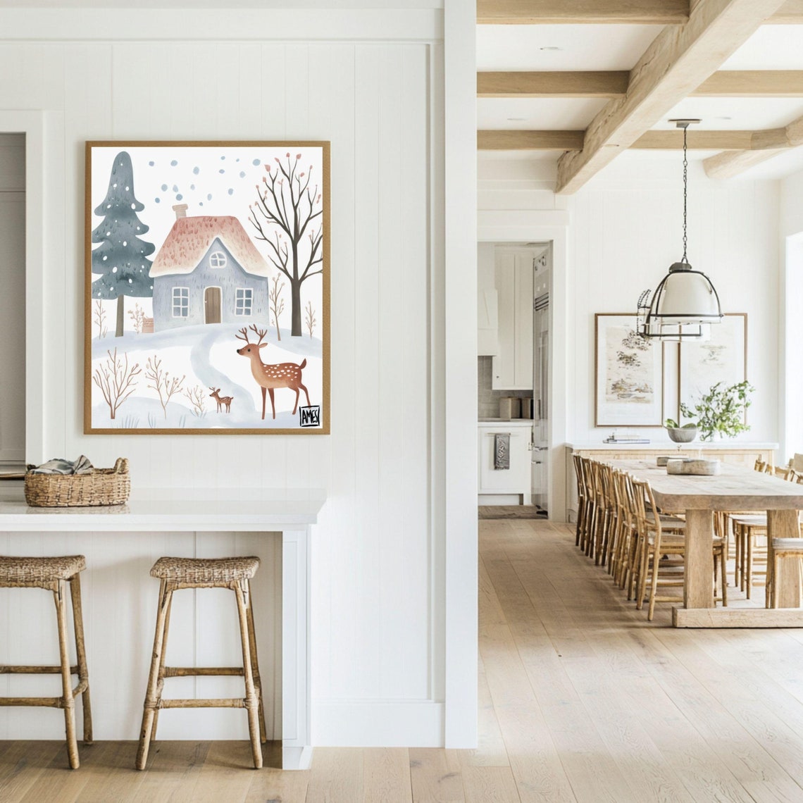 Snowy Winter Cottage With Deer And Fawn In Falling Snow Art Print