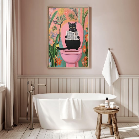 Black Cat Reading Newspaper on Pink Toilet Funny Bathroom Poster