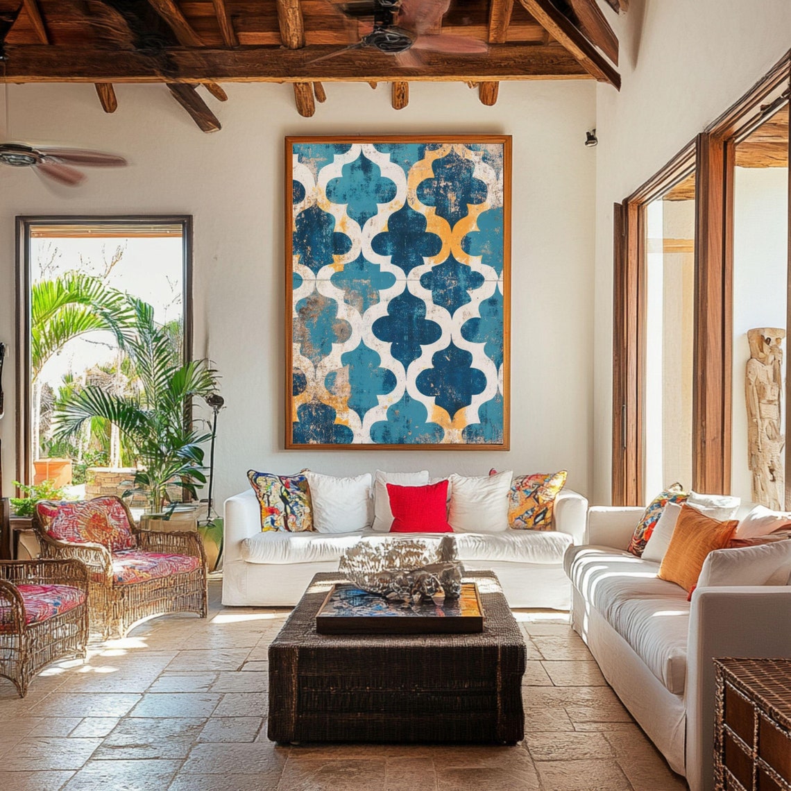 Blue and Ochre Moroccan Mosaic Tile Pattern Vintage Art Poster