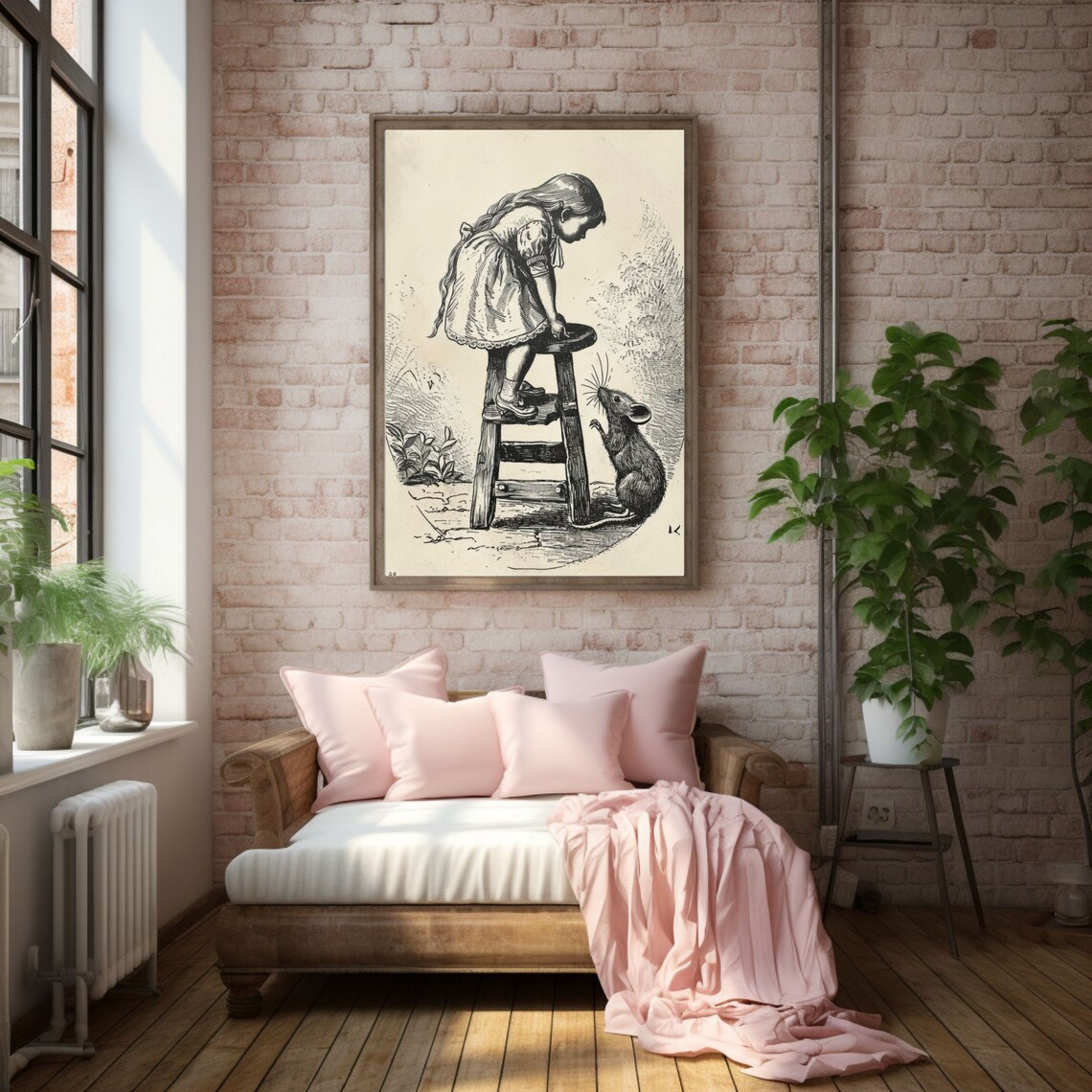 Antique Engraving of a Startled Girl Facing a Mouse Art Poster