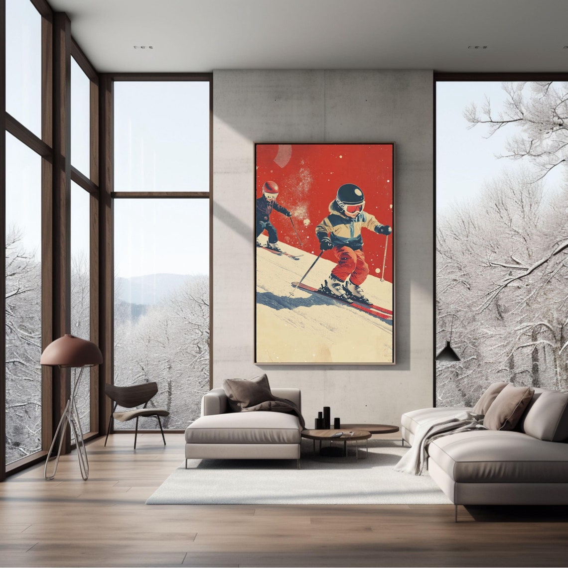 Vintage Retro Kids Skiing Red Sky Background Action Art Poster