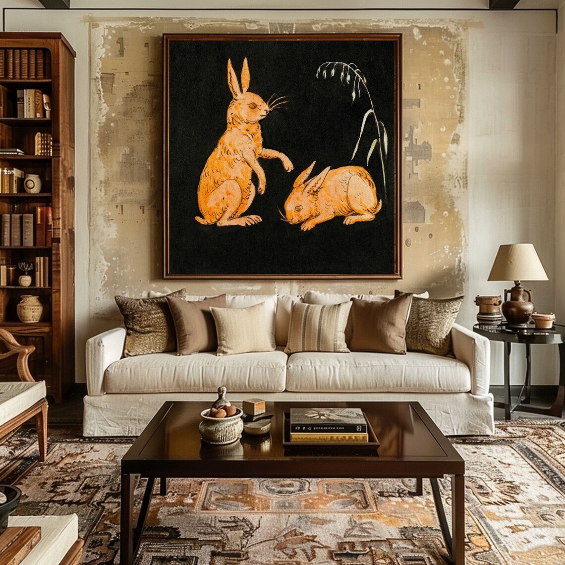 Vintage Two Hares Poster Antique Orange Rabbits On Black Background