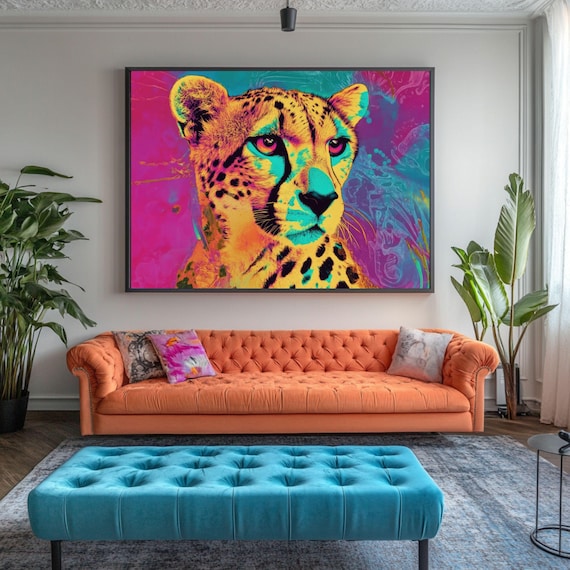 Neon Pop Art Cheetah Face on a Hot Pink and Teal Background Poster