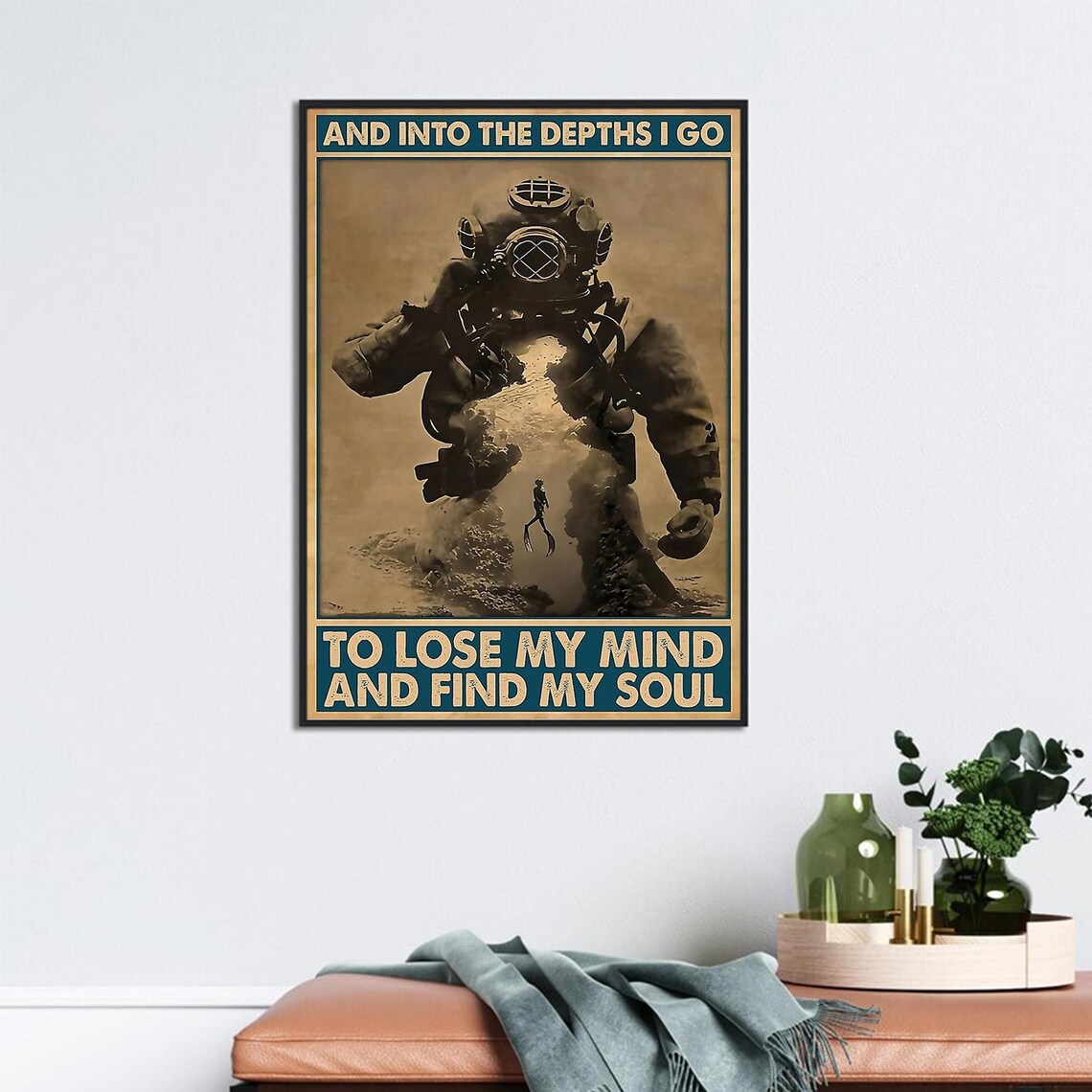 Vintage Deep Sea Diver And Into The Depths I Go Quote Poster - Image 2