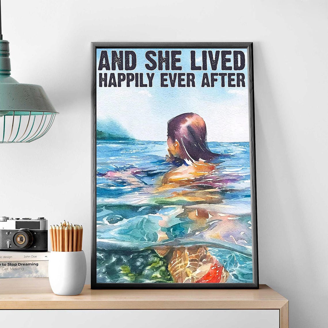 Watercolor Ocean Swimmer She Lived Happily Ever After Poster - Image 3