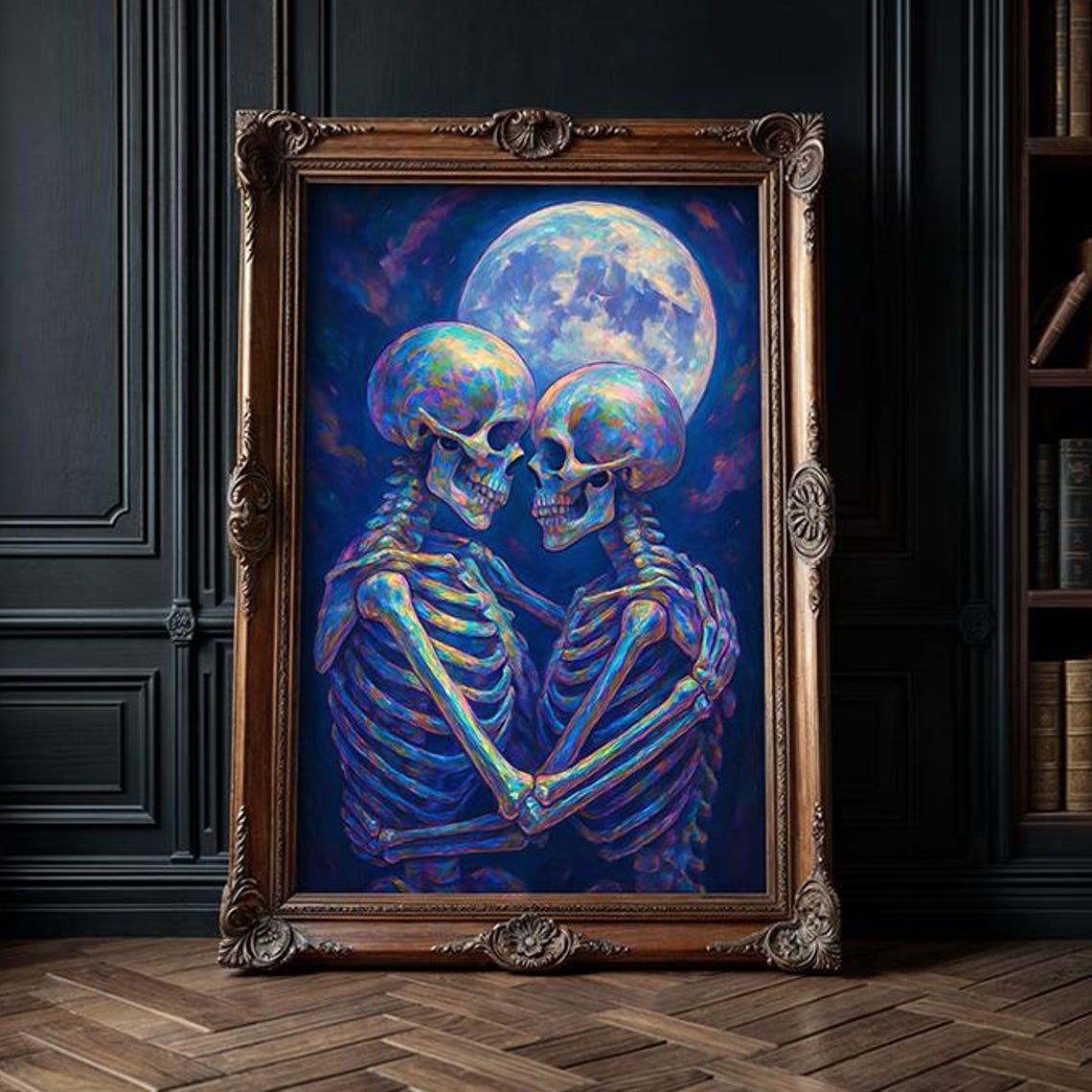 Iridescent Skeleton Couple Under Full Moon Gothic Art Poster