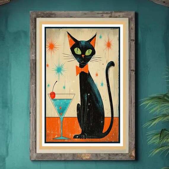 Midcentury Black Cat with Cocktail Bow Tie Retro Atomic Poster