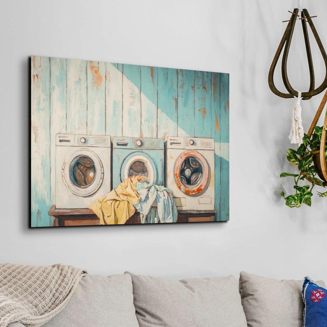 Retro Washing Machines Turquoise Plank Wall Laundry Room Art Poster