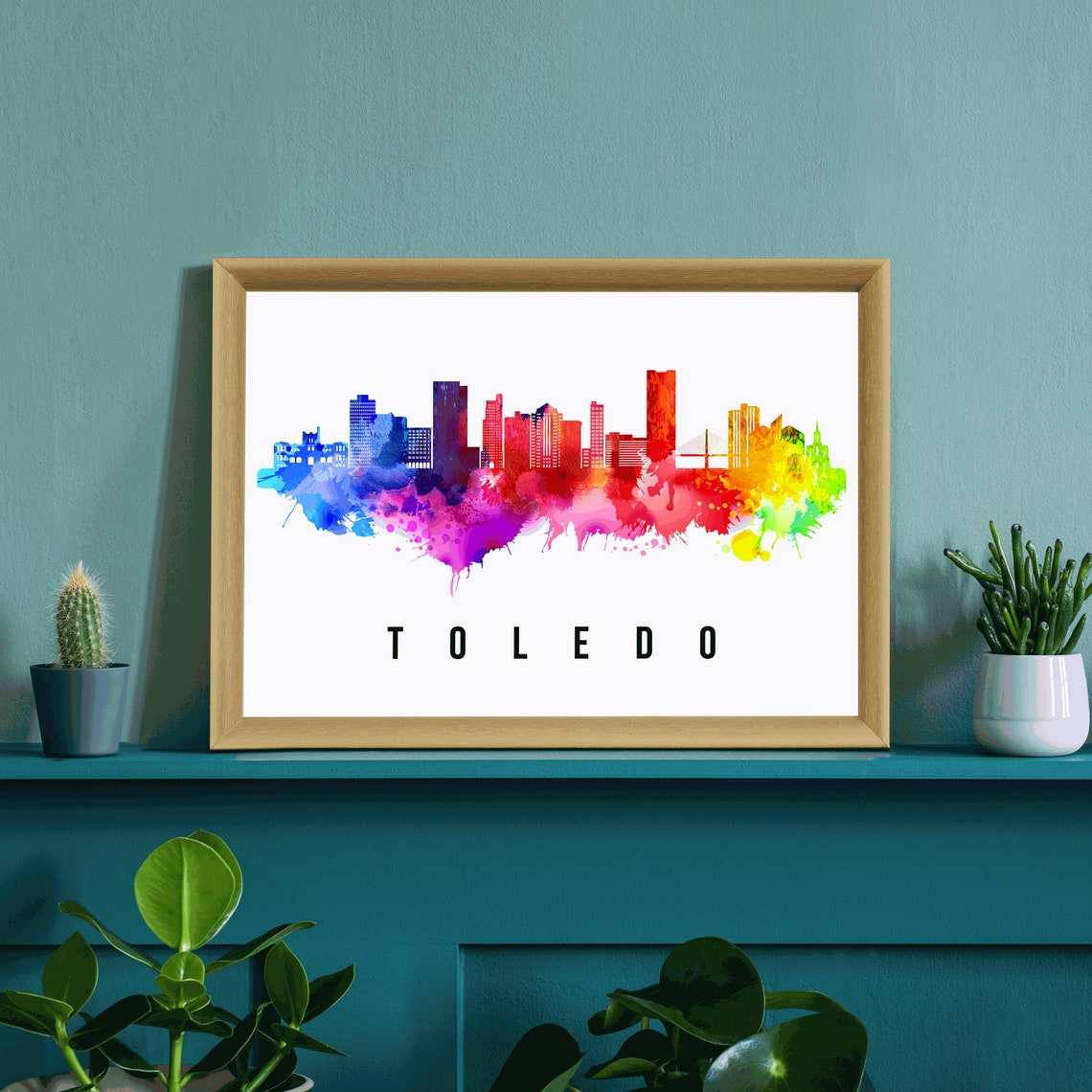 Toledo Spain Rainbow Watercolor Splash Skyline Cityscape Art Poster - Image 3