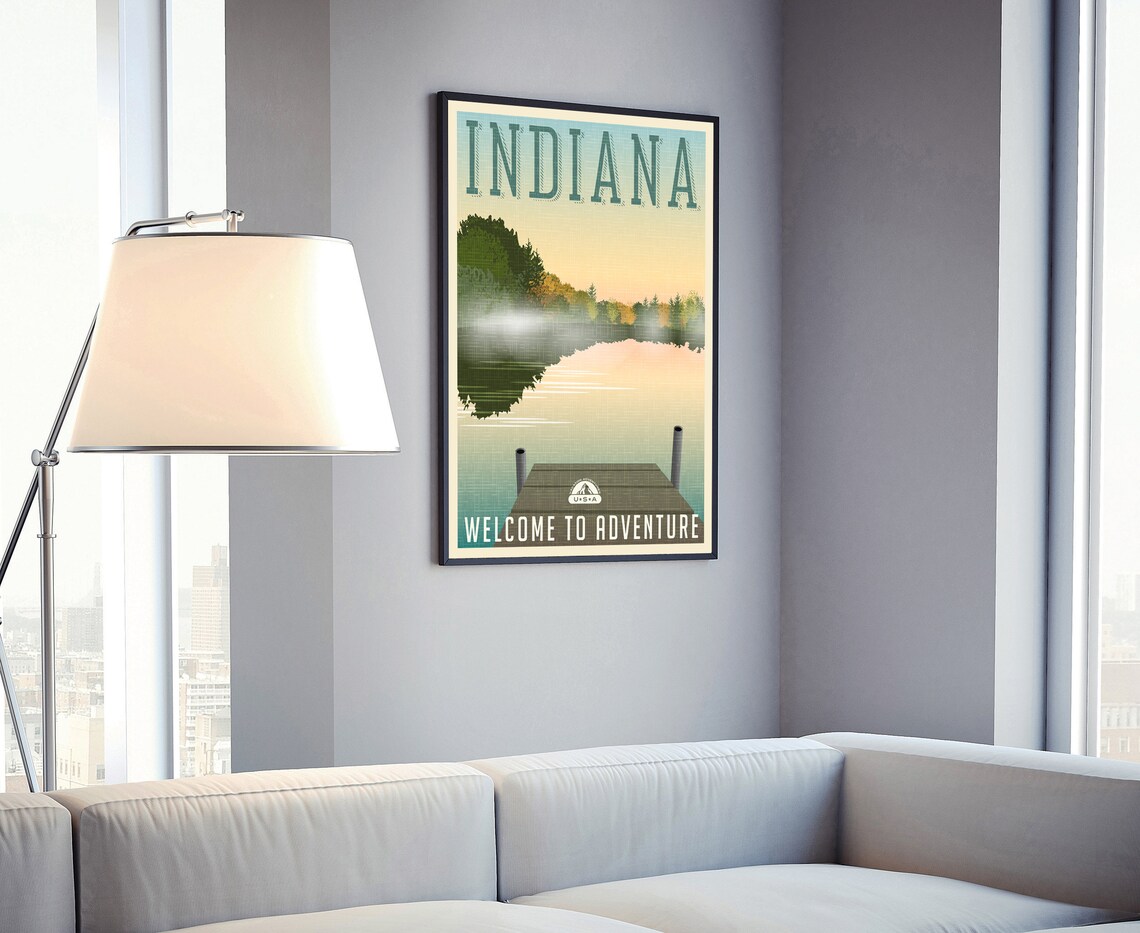 Indiana Misty Lake Wooden Dock Sunrise Retro Travel Poster Art - Image 4