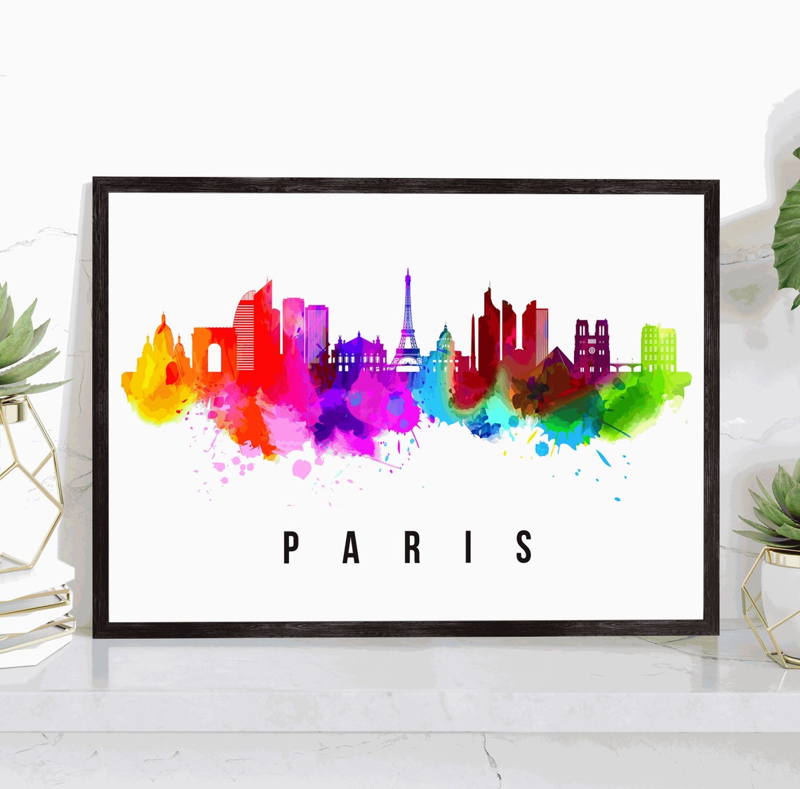 Paris France Rainbow Watercolor Eiffel Tower Skyline Silhouette Poster