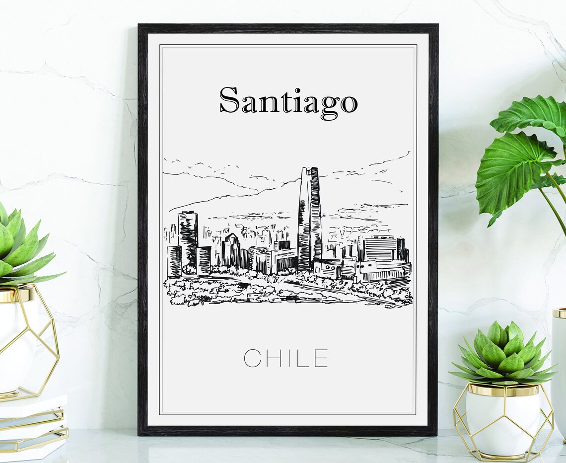 Santiago Chile Hand Drawn Ink Skyline Andes Mountains City Art Poster