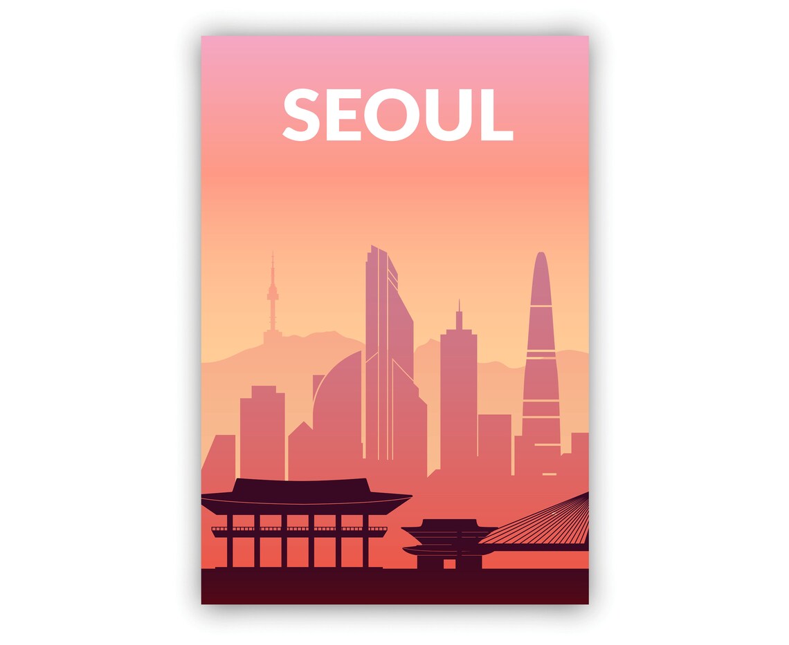 Seoul South Korea Solid Color Sunset Skyline Silhouette Travel Poster - Image 2
