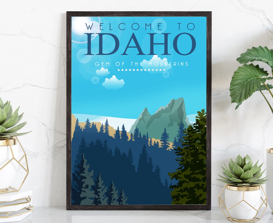 Idaho Gem Of The Mountains Retro Travel Poster Forest Peaks Print