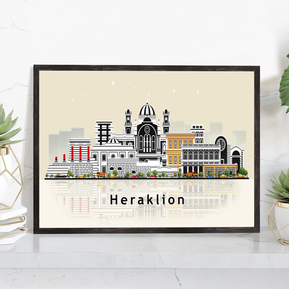 Heraklion Greece Domed Church Harbor Skyline Illustration Travel Poster