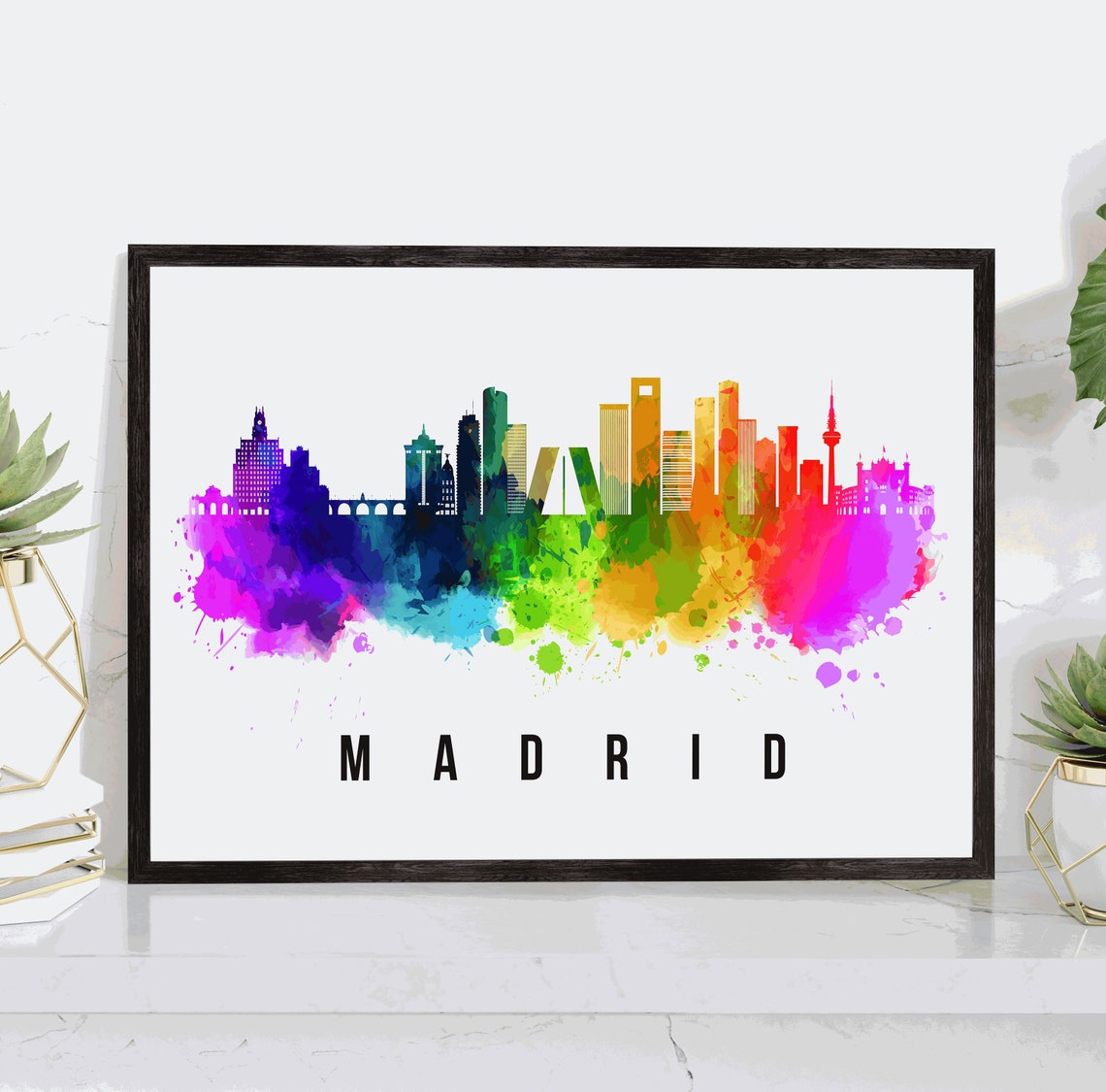 Madrid Spain Rainbow Watercolor City Skyline Silhouette Art Poster