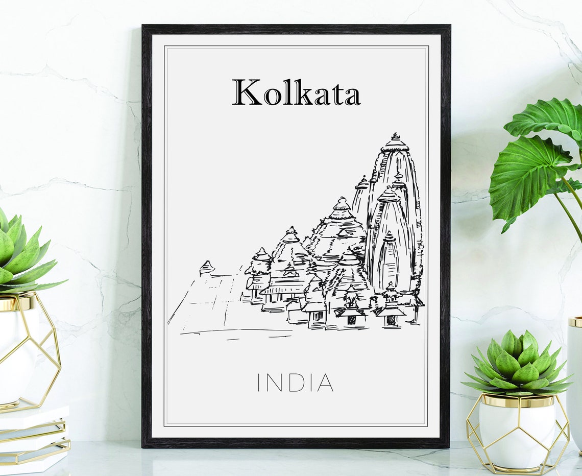 Kolkata India Temple Spires Hand Drawn Line Art Wall Decor Poster